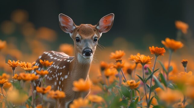  a young deer is standing in a field of wildflowers with a blurry background of orange and yellow flowers.