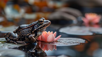  a frog sitting on top of a puddle of water with a pink flower in the middle of it's reflection.