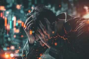 An image depicting a stressed and desperate businessman crying as he watches a stock market crash and business decline due to an economic crisis. 