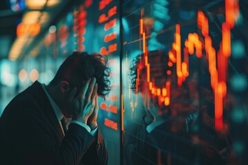 An image depicting a stressed and desperate businessman crying as he watches a stock market crash and business decline due to an economic crisis.  - Powered by Adobe