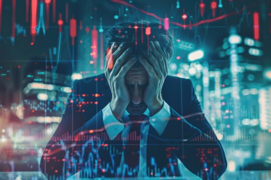 An image depicting a stressed and desperate businessman crying as he watches a stock market crash and business decline due to an economic crisis. 