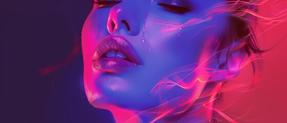  A high-resolution photo captures a close-up of a woman's face, bathed in pink and blue lighting Her flowing hair appears to catch the breeze