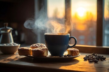 Morning Breakfast Spread Featuring Fresh Coffee, Pastries, and Roses at Sunrise