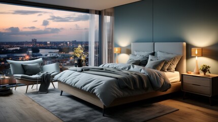 Wide-angle view of a contemporary Scandinavian bedroom featuring sleek furniture and bold accents

