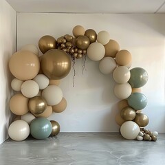 Olive and gold balloons and arch, in the style of matte background
