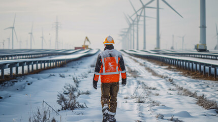 Back view of a technician in wind turbines and solar plants farm in winter.
