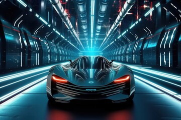 fast moving car in tunnel futuristic blue 