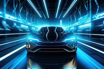 fast moving car in tunnel futuristic blue 