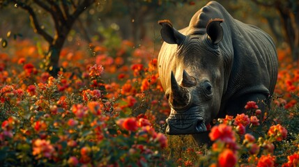  a rhino in a field of flowers with trees in the background and a rhinoceros in the foreground.