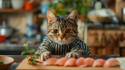 A cute cat as a Japanese chef making sushi