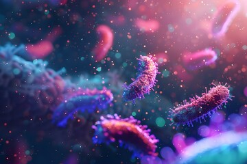 3D rendering of gut microbiome showing probiotics aiding in growth of healthy gut flora. Concept Gut Microbiome, Probiotics, Healthy Gut Flora, 3D Rendering, Microbiome Research - obrazy, fototapety, plakaty