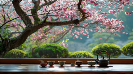 Green tea cups with steam coming out of them and sakura cherry blossom tree garden as background, relaxation and tranquility concept - Powered by Adobe