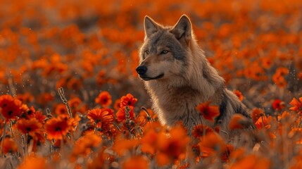 Fototapeta premium a wolf standing in the middle of a field with red flowers in the foreground and an orange sky in the background.