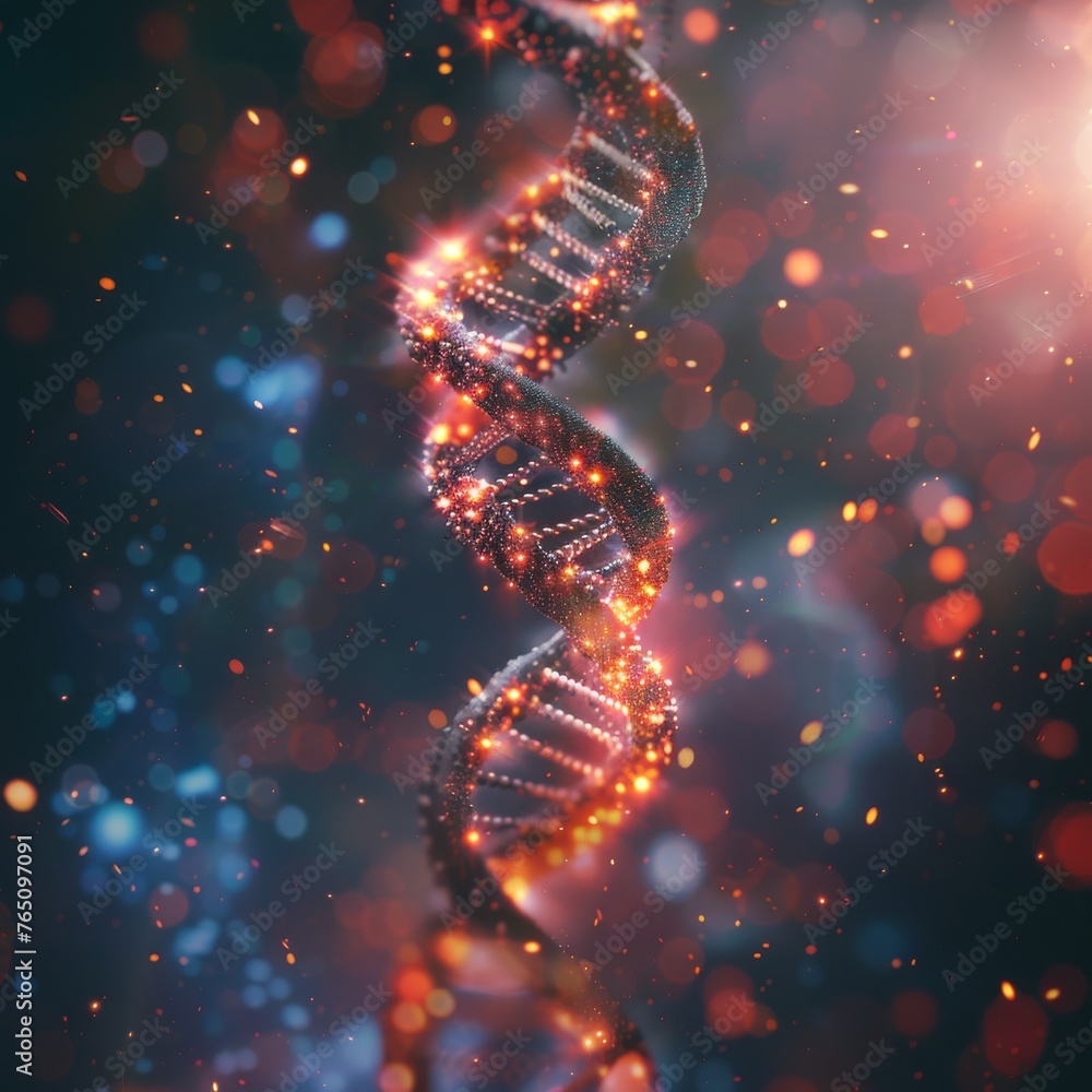 Poster a digitally rendered dna helix glows with fiery particles, symbolizing the essence of life and genet