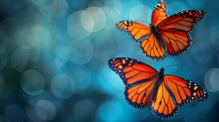  two orange butterflies flying next to each other on a blue and green background with boke of lights in the background.
