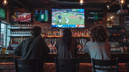 People at sports bar, watching game, enjoying drinks, lively ambiance. Friends gather at a bar, engrossed in an exciting sports game.
