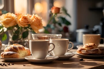 Morning Breakfast Spread Featuring Fresh Coffee, Pastries, and Roses at Sunrise