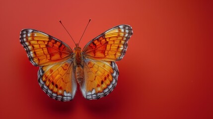 Fototapeta na wymiar a close up of a butterfly on a red background with a black and white stripe on it's wings.