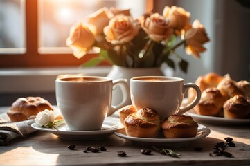 Morning Breakfast Spread Featuring Fresh Coffee, Pastries, and Roses at Sunrise