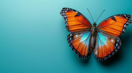  an orange and blue butterfly sitting on top of a blue surface with its wings spread out and wings spread out.