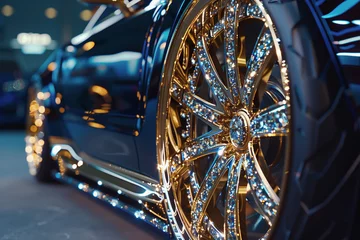 Fotobehang A close-up of a dazzling gold and diamond-encrusted car wheel © alex