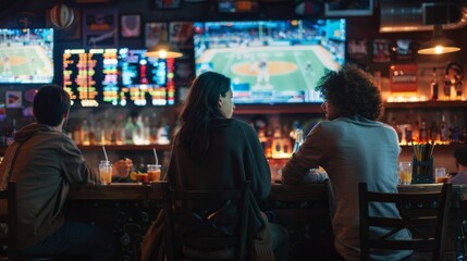 People at sports bar, watching game, enjoying drinks, lively ambiance. Friends gather at a bar, engrossed in an exciting sports game.