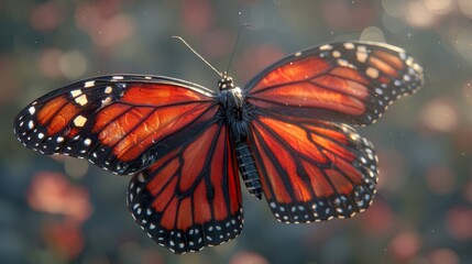 a close up of a butterfly flying in the air with a blurry background of red and white flowers in the foreground.