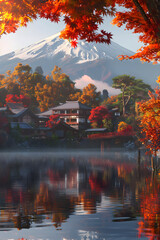 Serene Panorama of Mount Fuji with Autumnal Maple Leaves and Lake Reflection: Embodiment of Japan's...