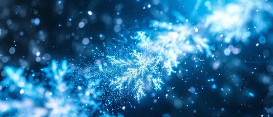  A picture of a blue firework, closely zoomed in, surrounded by snowflakes at its top and bottom