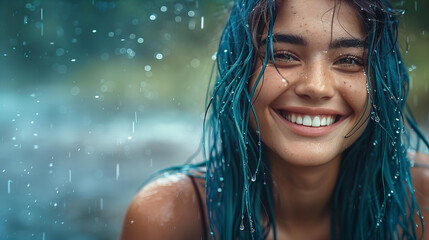 Beautiful young woman with blue hair enjoying the summer rain in nature