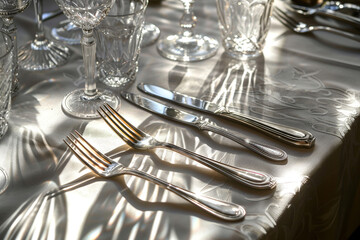 Arrangement of silver cutlery and crystal glasses on a white tablecloth, bathed in ambient light. - obrazy, fototapety, plakaty