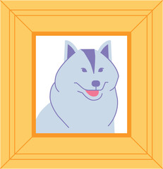 Dog portrait in wooden photo frame. Pet memory album