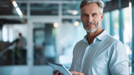 Fototapeta premium A handsome middle aged man holding a tablet. Blurry office environment in the background. Copy space.