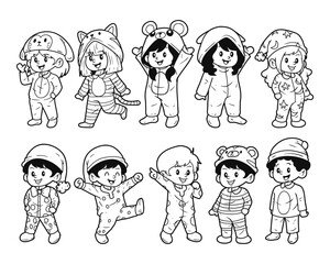 Pajamas party kids character element vector outline sketch illustration