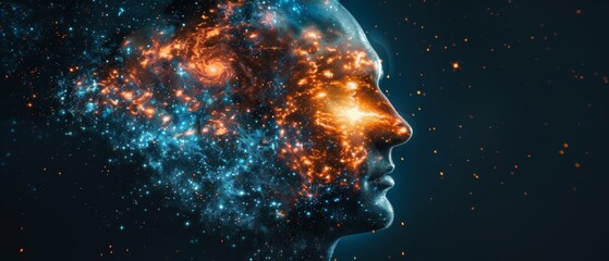  A person's face, in sharp focus against a starry sky