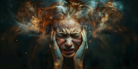A woman with multiple mental health conditions showing signs of distress and inner turmoil. Concept Mental Health, Distress, Inner Turmoil, Woman Portrait, Psychological Struggle