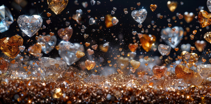  a bunch of gold and silver hearts floating in the air with bubbles of water on the bottom of the image.