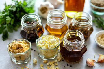 Sharp image capturing hexagonal jars holding a variety of ingredients, enhancing the meal prep setup.