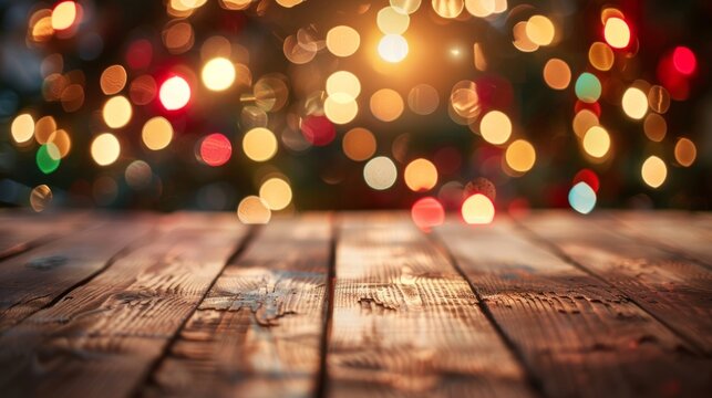 A wooden table with blurry Christmas lights in the background