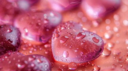  a close up of a bunch of water drops on a pink surface with pink and purple hues in the background.