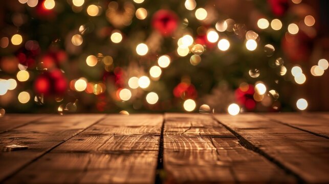 A wooden table with blurry Christmas lights in the background