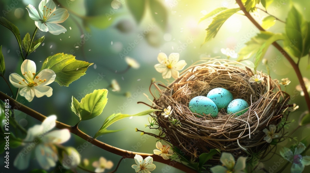 Poster a bird nest with three eggs in it on a branch, ai