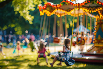 Blurred image of children on carousel against the backdrop of bright green park on sunny day - obrazy, fototapety, plakaty