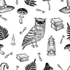 Naklejka premium Vector seamless pattern with magical elements such as hat, owl, books, mushrooms, fern, owl. Can be used to design packaging paper, textiles, etc.
