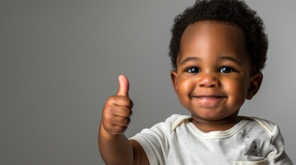 Adorable Approval: Smiling Cute African American Toddler with Thumbs Up Gesture. Copy space.