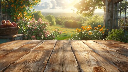  a wooden table sitting in front of a window with a view of a lush green field and flowers in the background.