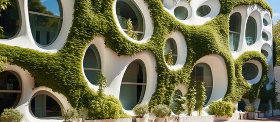 An urban building adorned with numerous windows is surrounded by flourishing plants climbing up its side