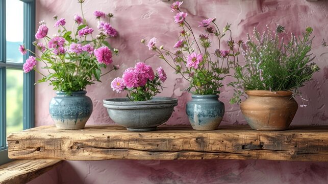  a group of three vases filled with flowers sitting on a wooden shelf in front of a pink painted wall.