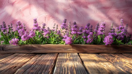  a wooden table topped with purple flowers on top of a wooden floor next to a pink wall and a pink wall behind it.