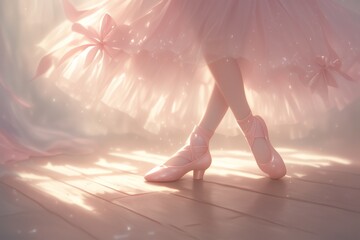 A little girl dressed in a pink ballet costume performs